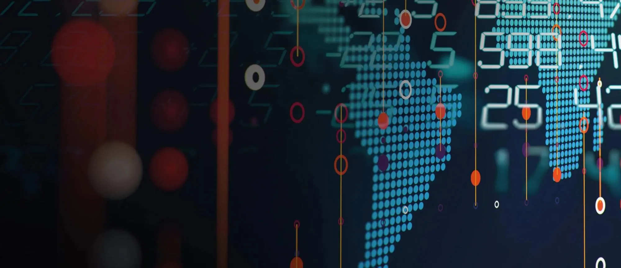 Een digitale wereldkaart met stippen en getallen